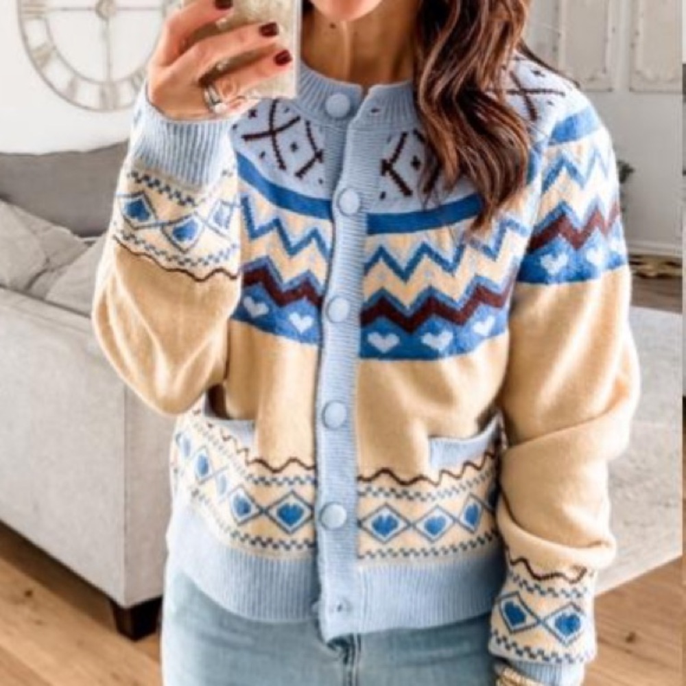 Blue and Cream Patterned Women's Sweater